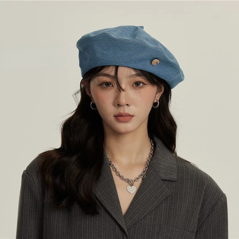 Y2K Women Denim Berets Hats Summer Jeans Beret Painter Hat Outdoor Female Caps Autumn Elegant Lady Girls Octagonal Cap Bonnet