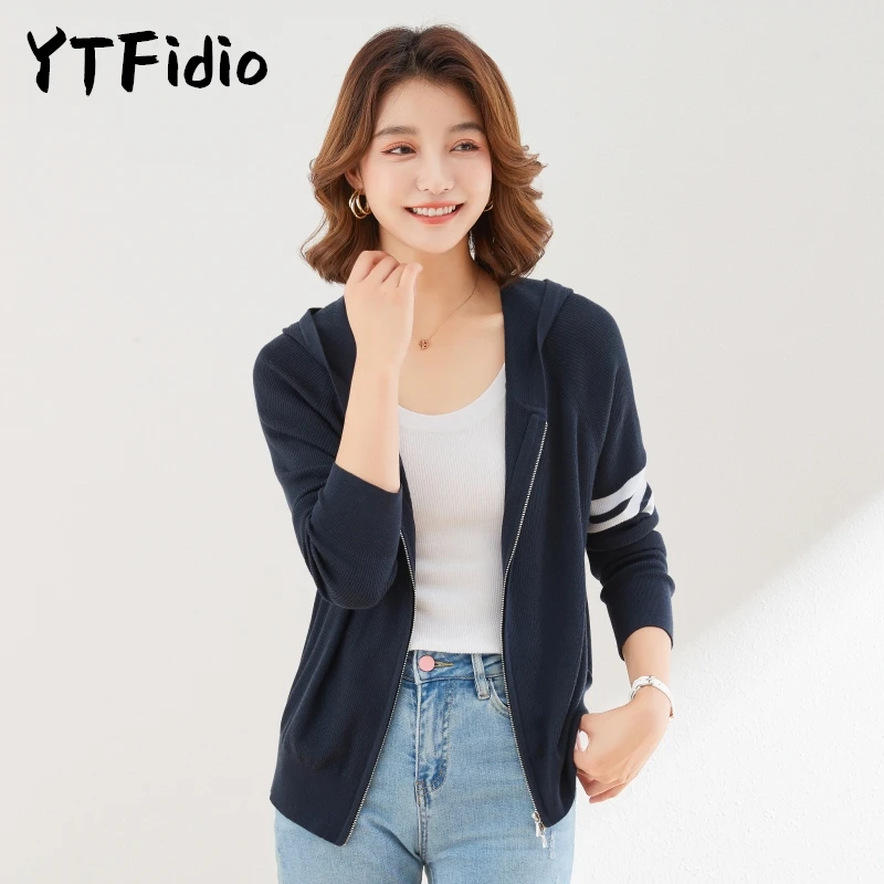 YTFidio 100% Wool Women Long Sleeved Zipper Hooded Cardigan Lace Up Hoodie Solid Knitted Tops Sweaters Girl Cardigan  72