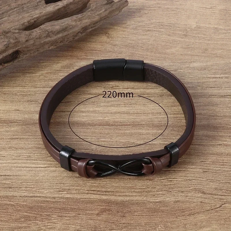 Classic Infinity Logo Handmade Single Layer Leather Bracelet with Magnetic Clasp Men\'s Fashion Business Casual Party Jewelry Gif