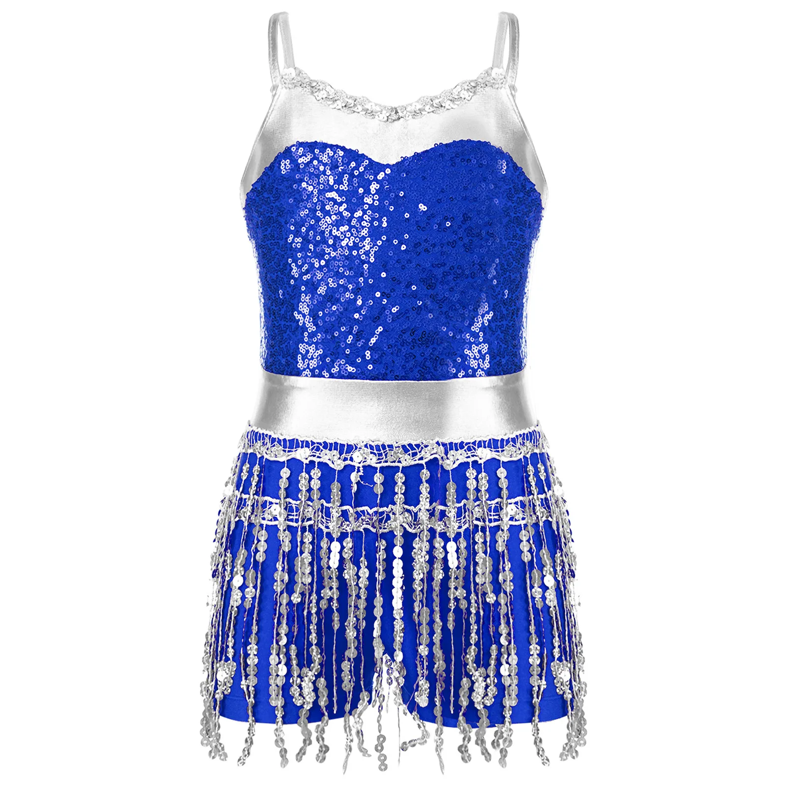 

Girls Jazz dance dress Ballet Dance Leotard Dress Modern Tap Dance Sleeveless Sequined Fringe dress kids for Latin Samba