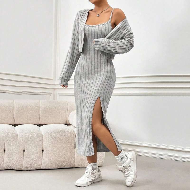 

Spring Autumn European and American Women's Long Sleeved Knitted Cardigan Jacket with Camisole Mid Length Slit Dress Set