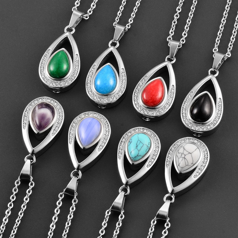 NEW Natural Stone WaterDrop Pendant Necklace Teardrop Urn Necklace for Ashes Stainless Steel Crystal Keepsake Memorial Jewelry