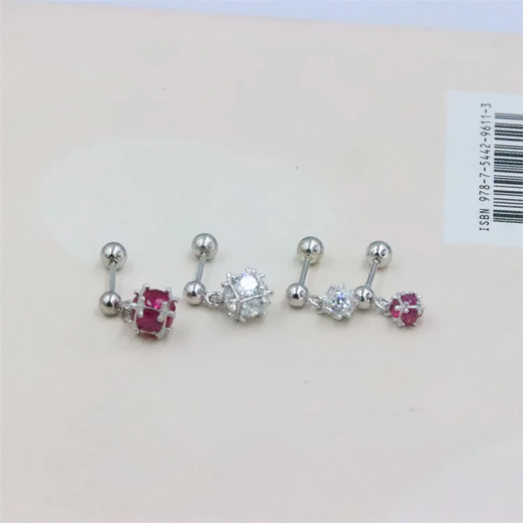 ZFSILVER 100%Sterling 925 Silve Pendant  Zircon White Red Flash Screw Ball Stud Earring For Women Charm Jewelry Accessories Gift