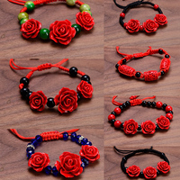 Korean Handmade Braided Rose Flower Bracelet For Women Girl Bohemia Lacquer Red Rope Beaded Bracelet Fashion Party Jewelry Gifts