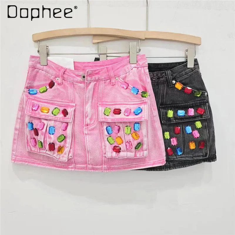 Diamond-Embedded Denim Skirt for Women 2024 Summer New Hot Girl Style A- Line Hip-Wrapped Skirts Fashion Pink Mini Skirt