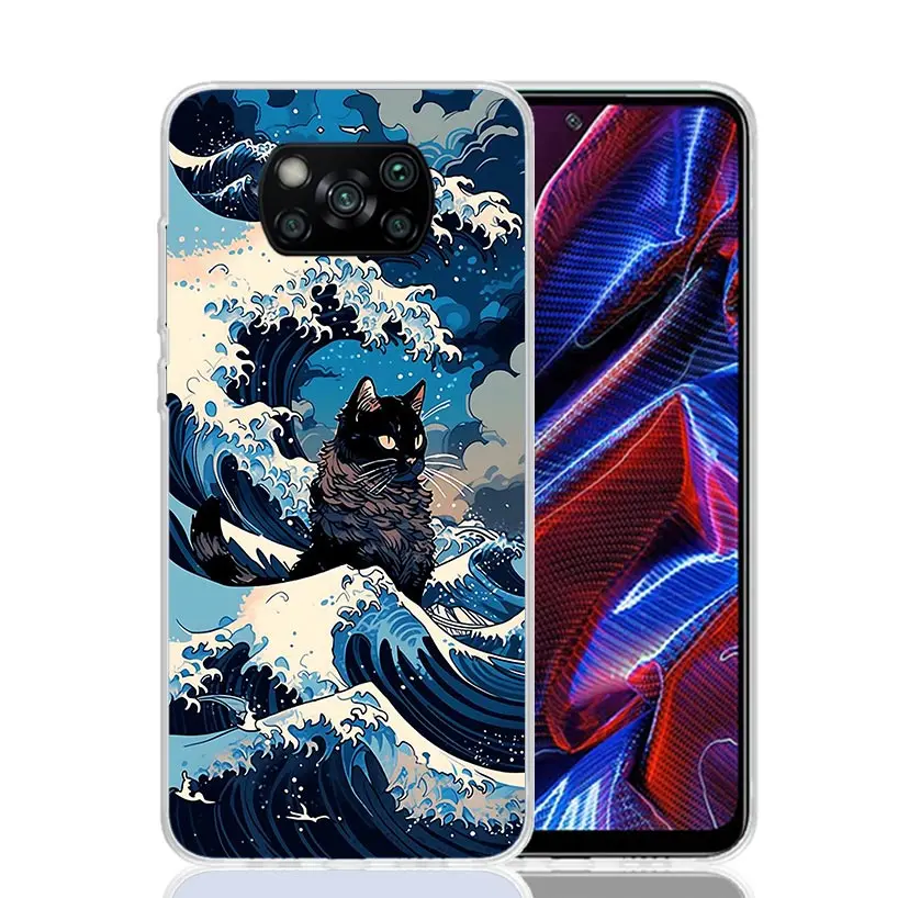 Anime Cat Sea Wave Aesthetic For Xiaomi Poco X6 X3 Nfc X5 X4 F6 F5 Pro Phone Case F4 Gt F3 F2 F1 M5S M4 M3 M2 5G Fundas Coque X3