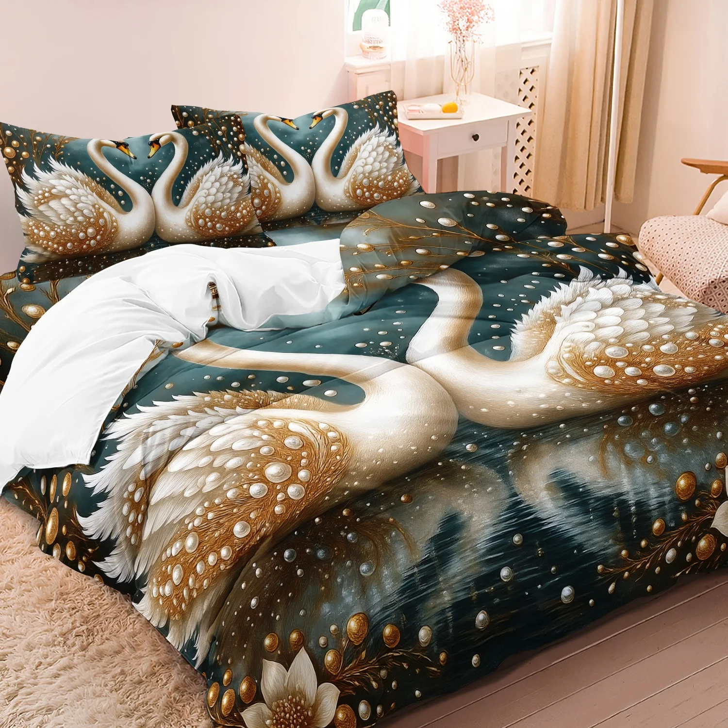 3 Pieces Deep Golden Pearl White Double Swan Print Duvet Cover Set, Floral Branch Water Reflection Luxury Art Print Bedding