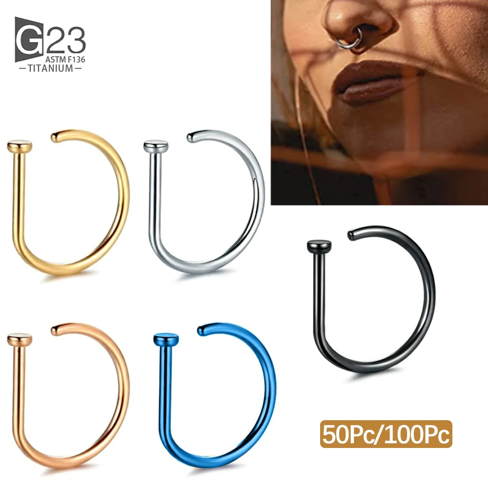 

50Pc/100Pc G23 Titanium Nose Ring D-shaped Fake Nose Medical Piercing Tragus Helix Stud Earring Hoop Septum Nostril Body Jewelry