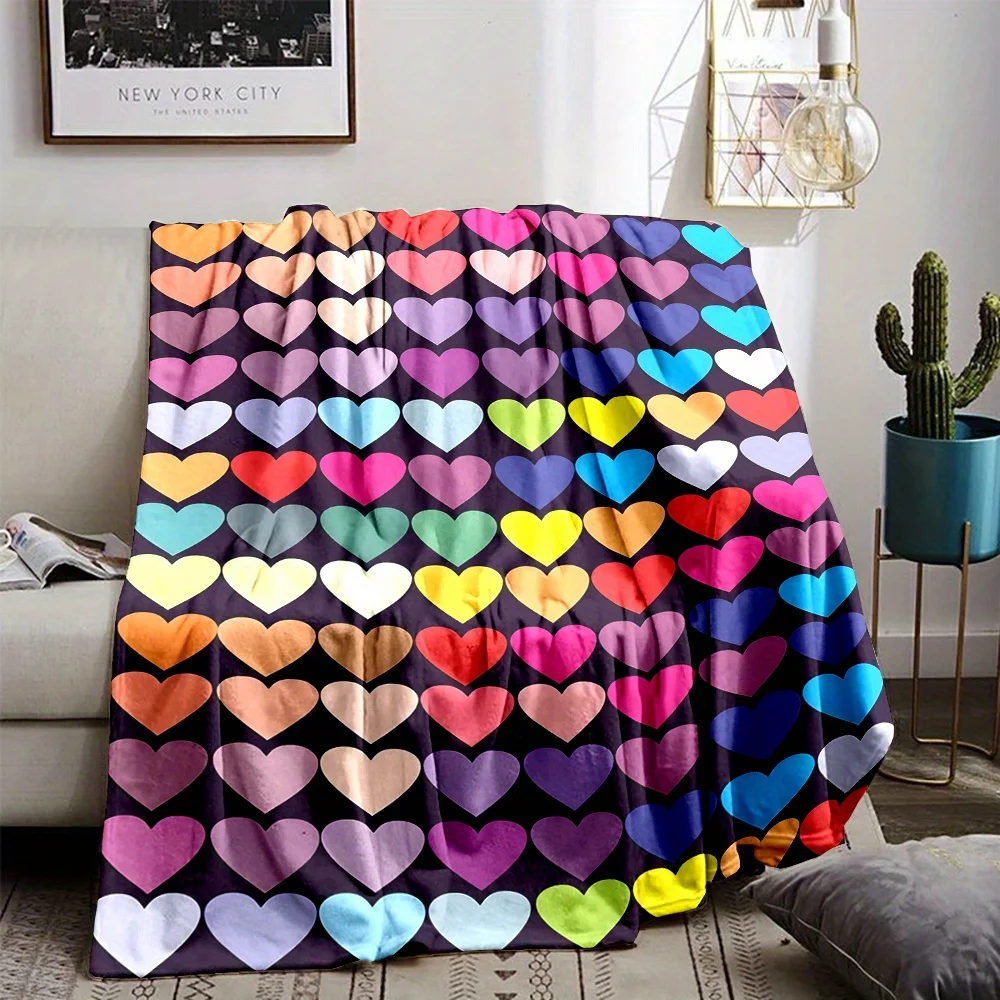 Colorful Heart Pattern Flannel Throw Blanket - Digital Print Polyester 100% Non-Woven Fabric, Reversible All-Season Cozy Country