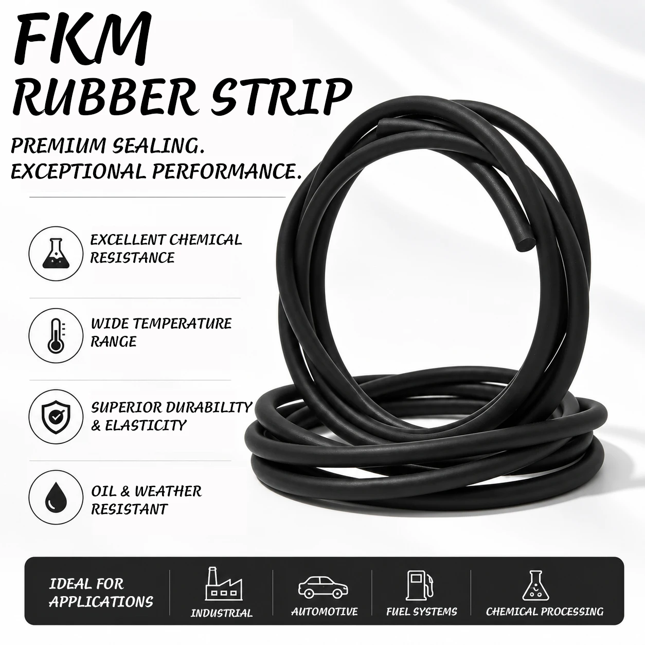 1/2/3/5/10mm diameter 1.5~6mm black FKM solid sealing strip resistant to high and low temperature industrial dust sealing strip.