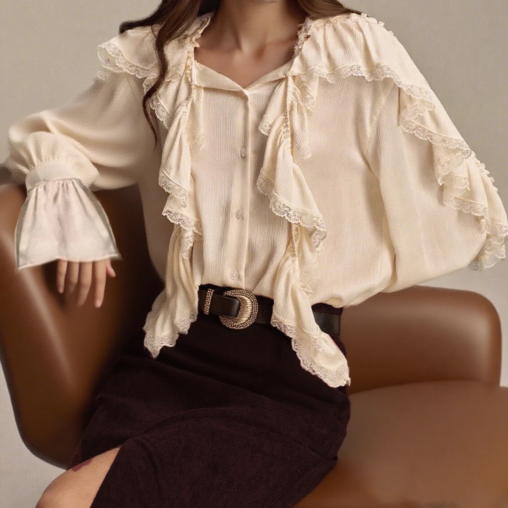 

Collection Women's Long Sleeve Button-Up Lace Patchwork Shirt Ruffer Astmmetrical Soild Color Loose Blouse