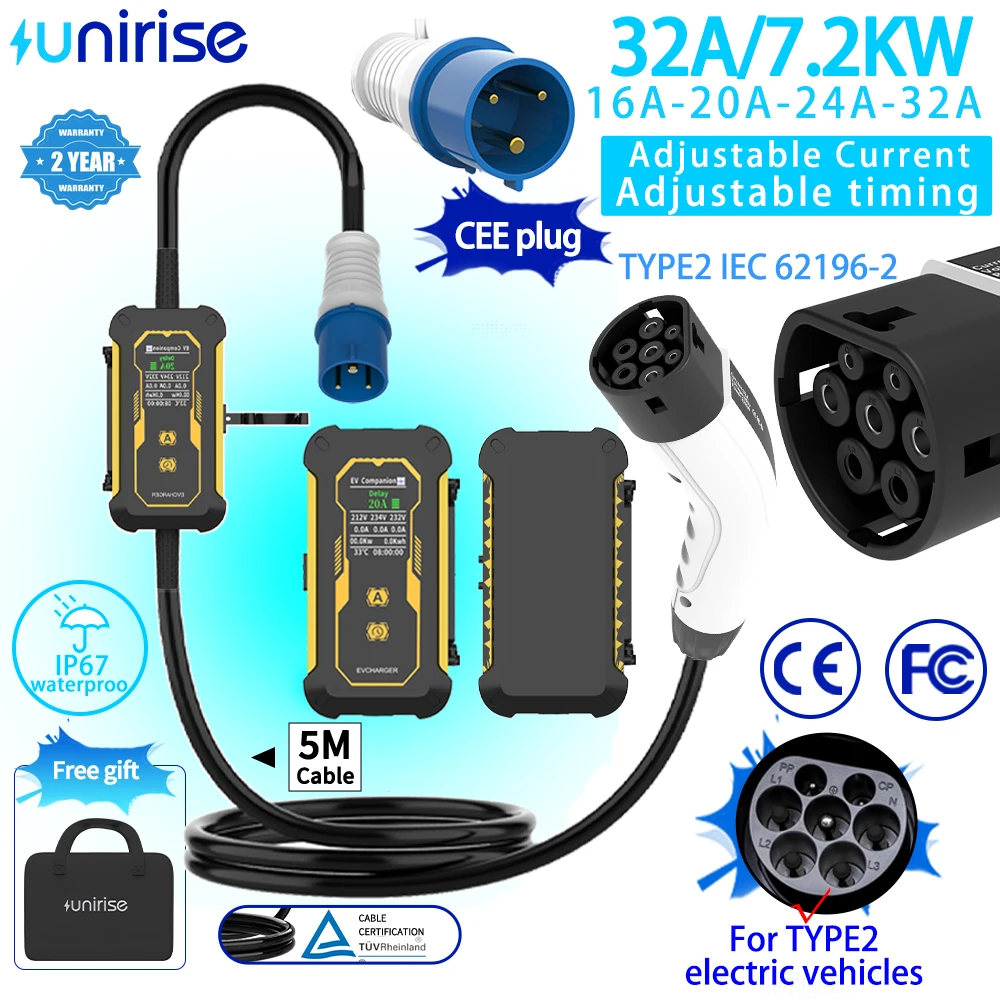 Unirise Type2 EV Charger Portable 7.2KW 32A 3Phase 5m Cable EVSE Adjustable current/timed CEE Plug For Electric Car Charging