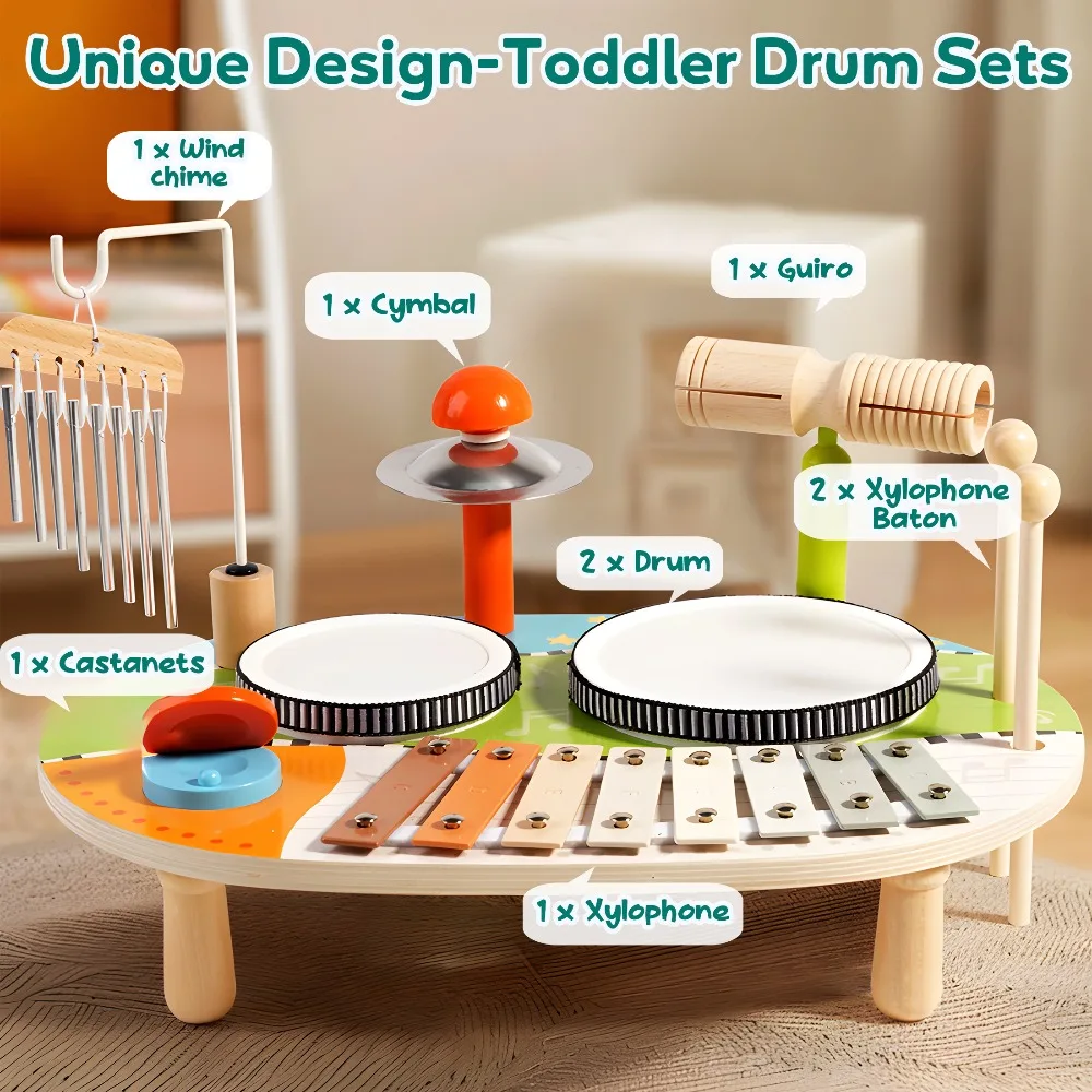 Conjunto de tambor infantil para crianças, instrumentos musicais de madeira, brinquedos educativos para bebês, xilofone, carrilhão de vento, presentes de aniversário para meninos e meninas