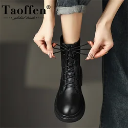 Taoffen Genuine Leather Women Ankle Boots 2023 Casual Soft Leather Antiskid Lace Up Booties Flat Combat Boots Motocycle Shoes