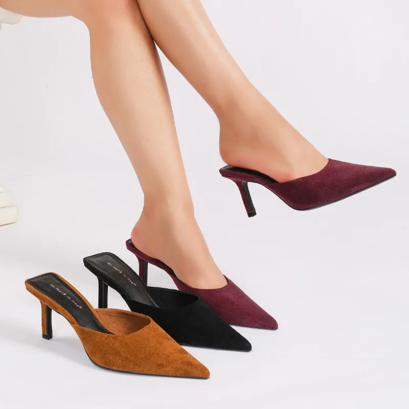 Elegant Suede Mules Women High Heels Slippers 2026 New Comfort Sandals Women Pumps Concise Pointed Toe Slides Heels for Ladies