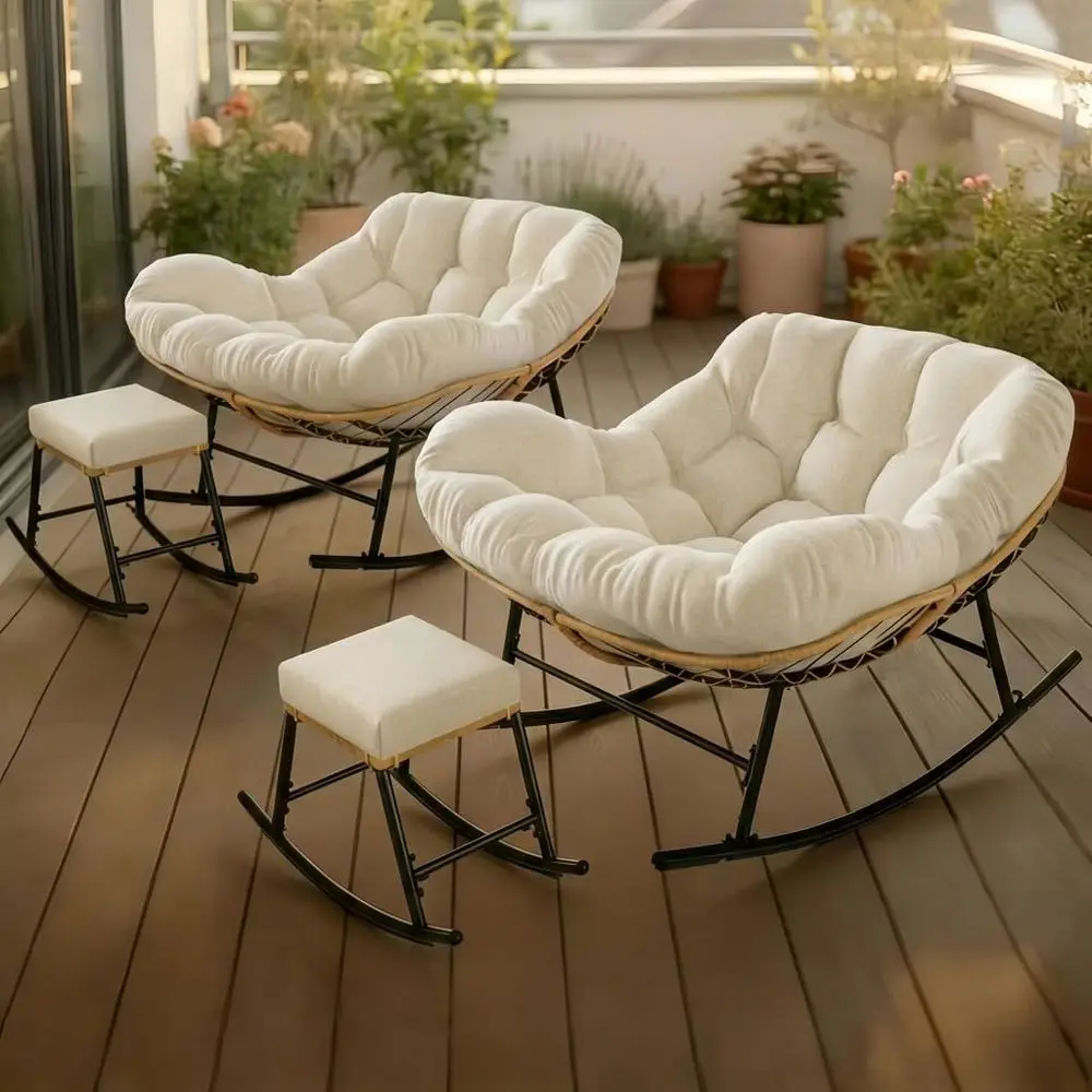 

Oversized Wicker Rocking Chair with Ottoman, Suitable for Indoor & Outdoor, Plush Cushion for Patio, Deck, or Living Room - Whit
