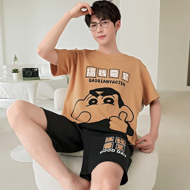 2024 Summer Men’s Sleepwear Cotton Cartoon Pajamas Sets For Man Short Loungewear Young Home Wear Fasion Student Pyjama Set Homme