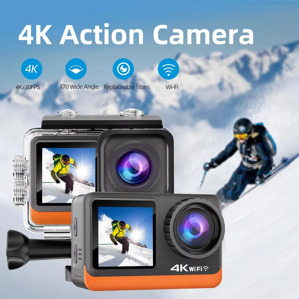 Action Camera 4K 30MP Dual Screen Wi-Fi EIS 170° Pre-record Optional 6 Filter 1080P Webcam Underwater 30M Diving Cam