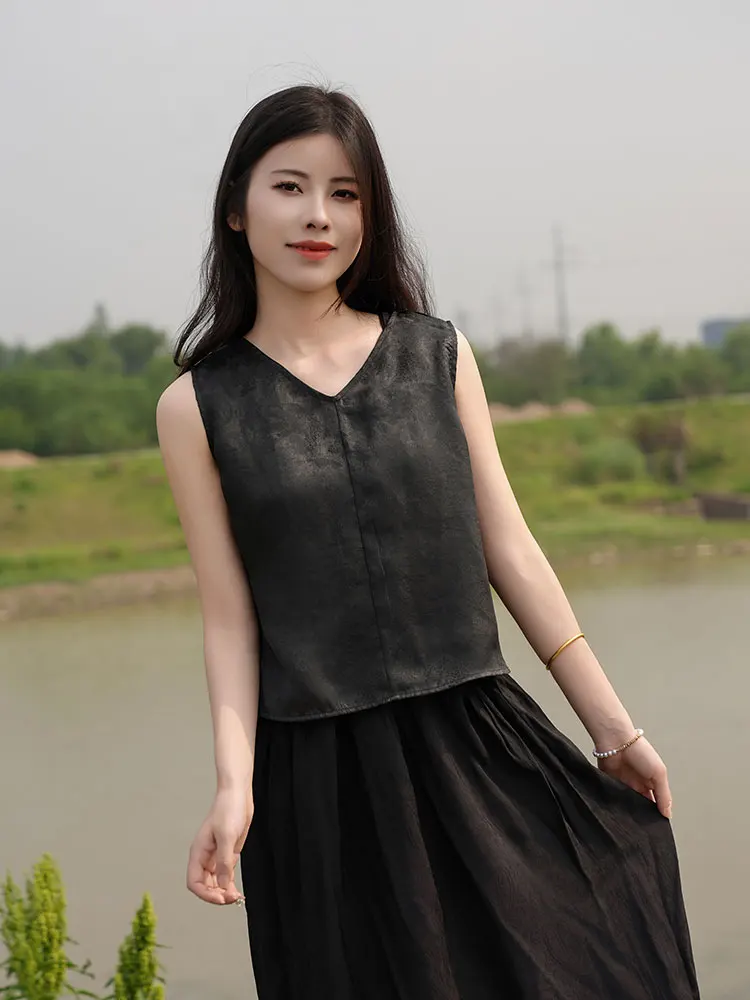 

Шелковый жилет Moyu, 25 момме, из шелка Бла Сянюнь, дышащий, летний, винтажный, длинный, с низким разрезом, в китайском стиле...