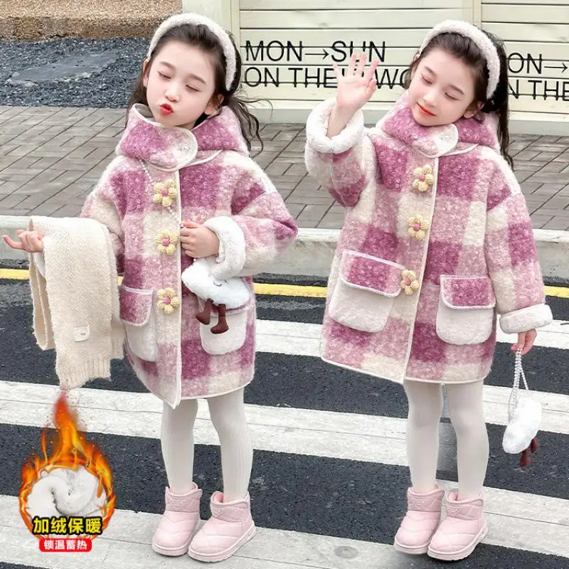 الفتيات الخريف الشتاء الدفء رشاقته معطف منقوشة مقنعين القمم معطف مريح موضة جديدة 7 إلى 12 سنة ملابس الأطفال