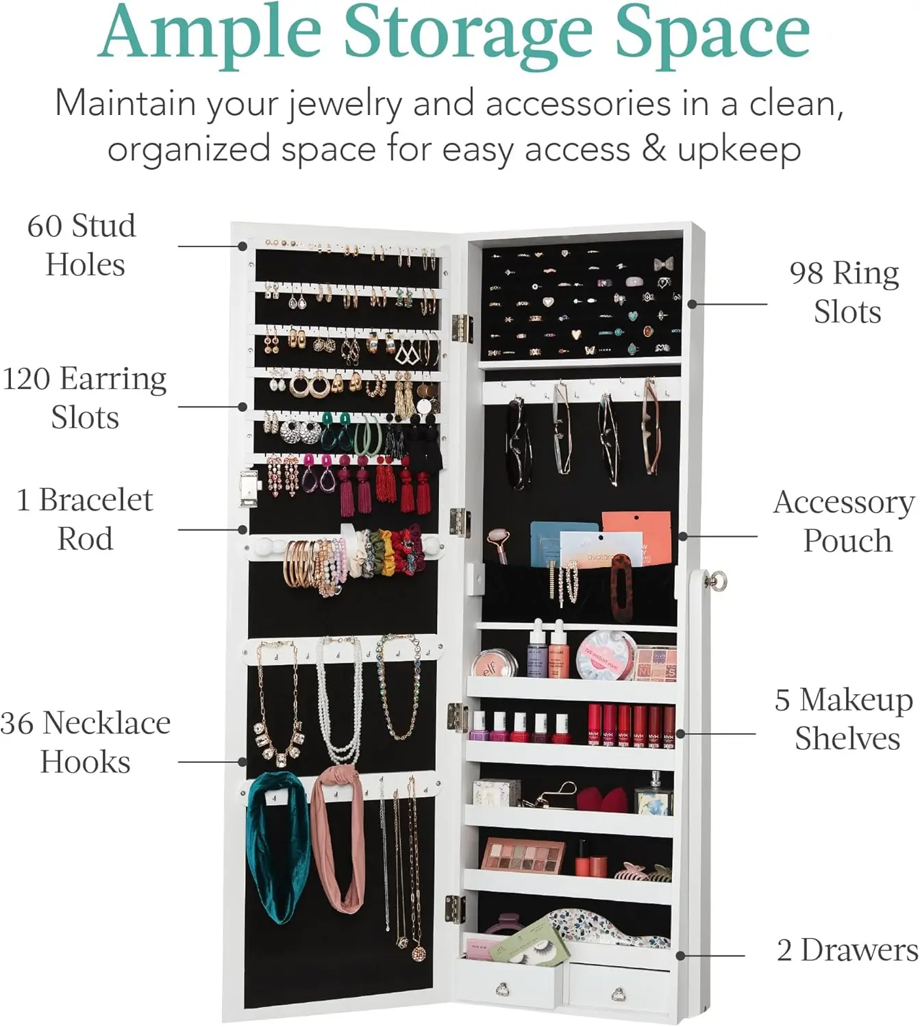 Products Freestanding Jewelry Armoire Cabinet, Full Length Standing Mirror, Lockable Makeup Storage Organizer, w/Velvet Lining,