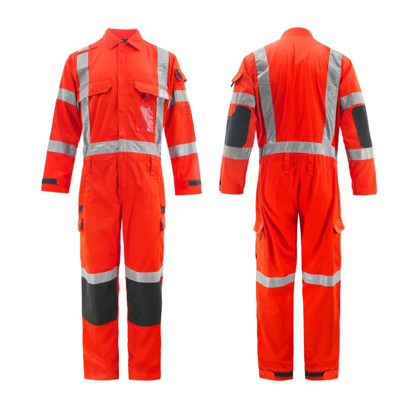 Men Work Uniforms Hi Vis Coveralls Workwear Safety Reflective Tapes Orange Workwear Workshop Mechanical Working Coveralls