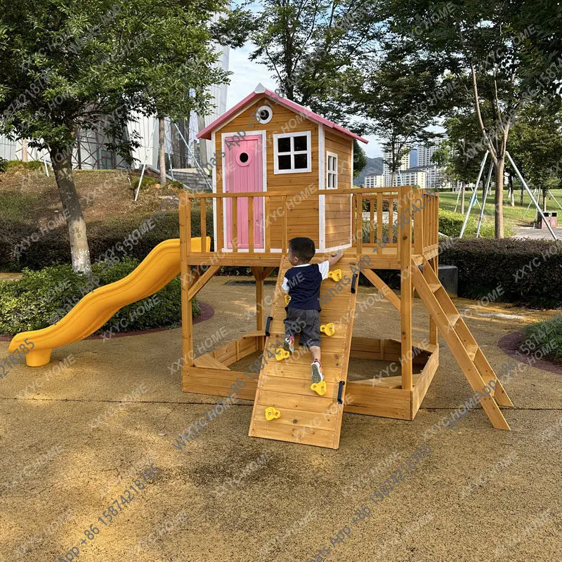 

Outdoor Slide Playground Equipment Climbing Frame Kindergarten Solid Wood Large Wooden House Playground Tree House