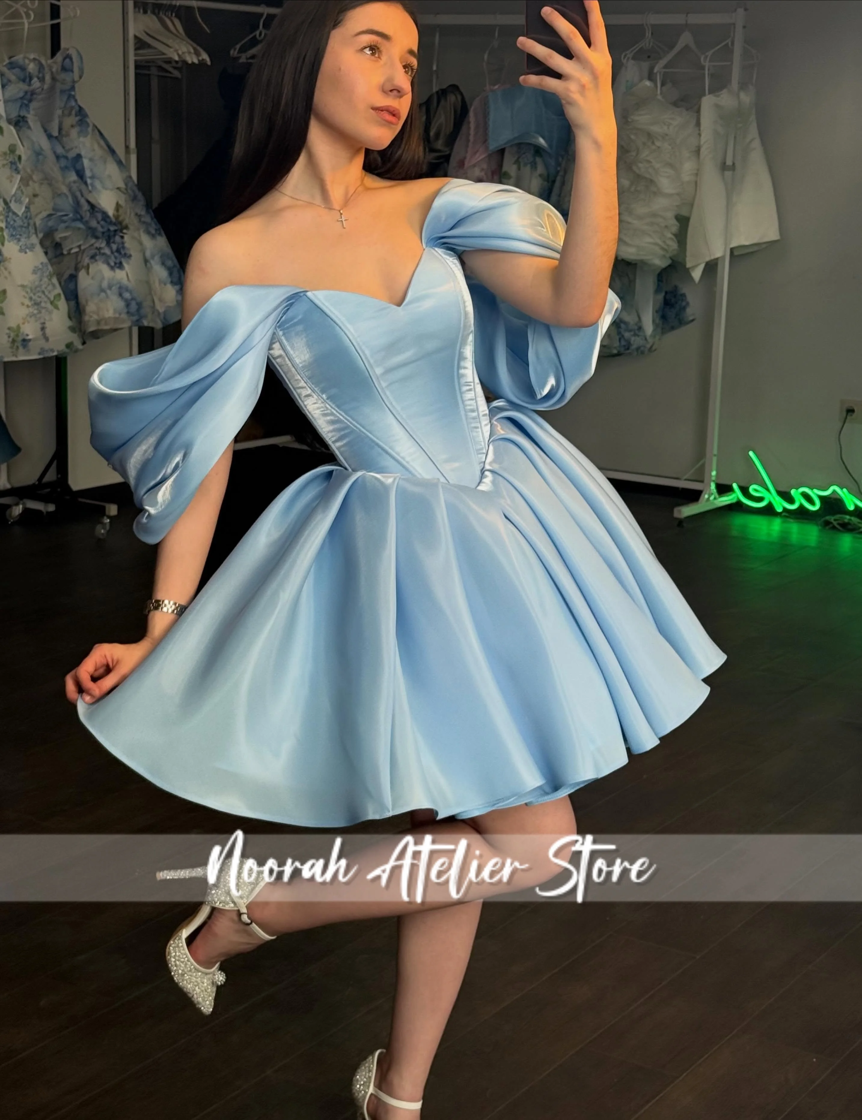 Cinderella Style Short Satin Prom Dresses 2026 Off Shoulder Puff Sleeve Sweetheart Neckline Party Dress Vestidos  Customized
