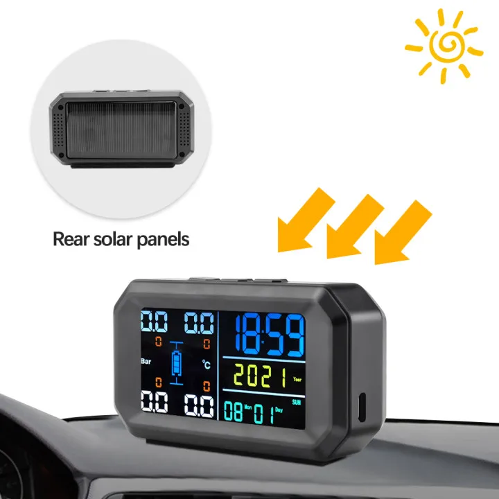 Solar TPMS Car Tire Pressure Monitoring System Solar/USB Charging LCD Display Tire Pressure Security Alarm 4 External Sensor