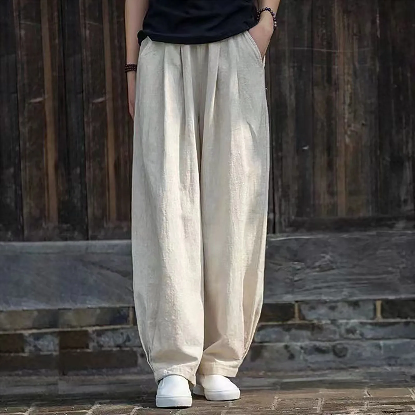 

2024 New In Retro Summer Cotton And Hemp Solid Women'S Pocket Elastic High Waist Fashion Elegant Loose Long Feet Wide Leg Pants