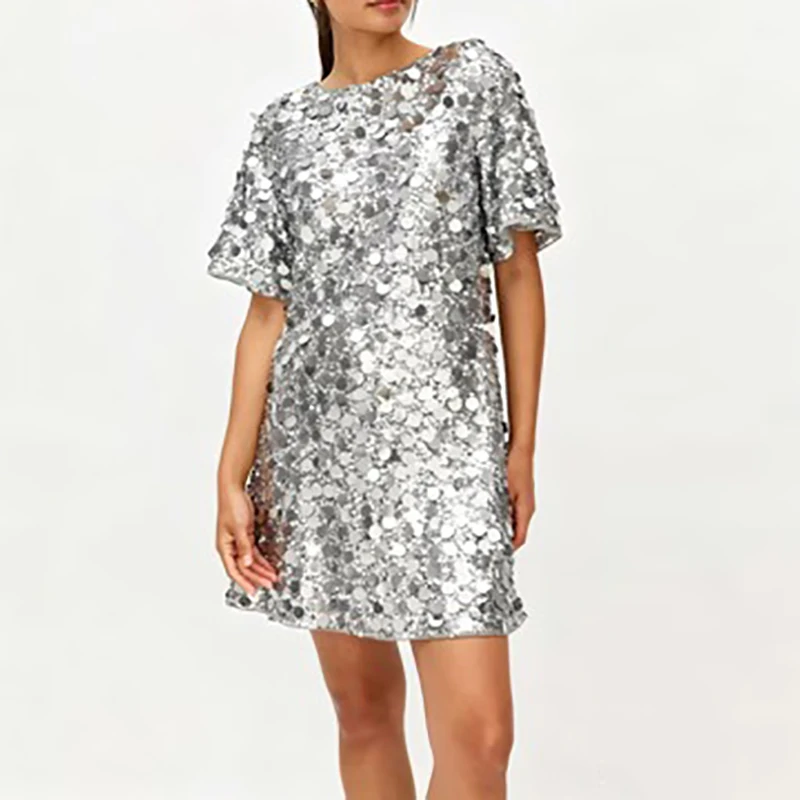 Elegant Cocktail Party Evening Dress Women Glitter Sequin Sparkly Mini Dresses Fashion Round Neck Short Sleeve Loose Shift Dress