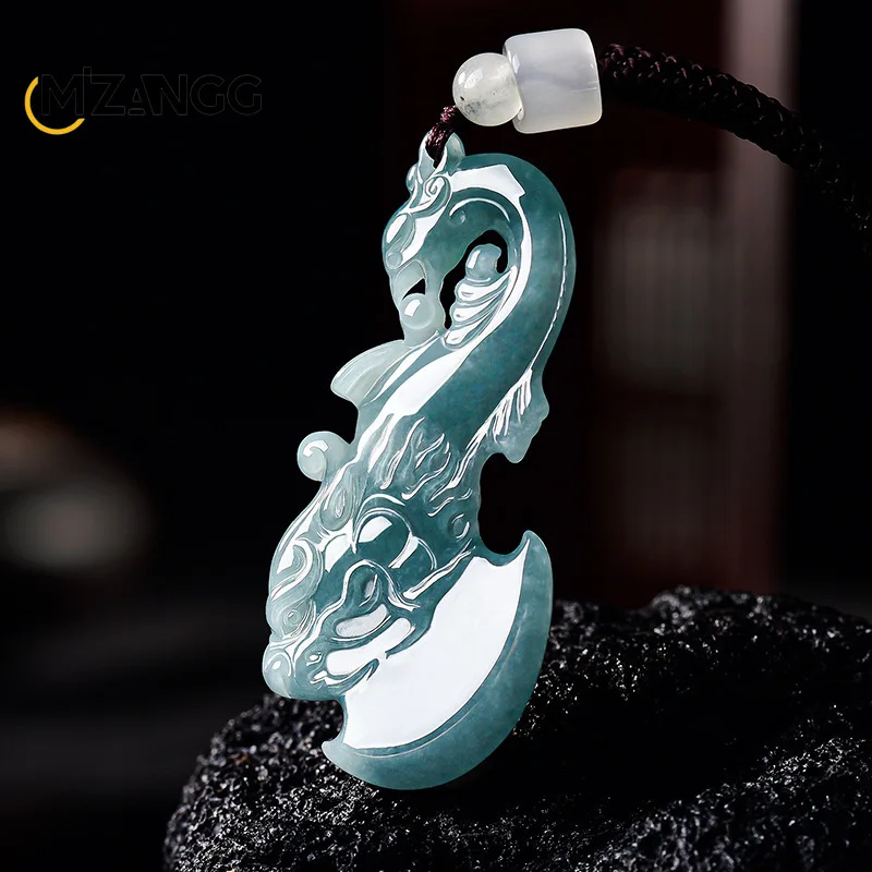 

Natural Jadeite Blue Water Dragon-and-Phoenix Axe Pendant Stylish Charming Ice-Type Jade Necklace Unisex Perfect Holiday Gift