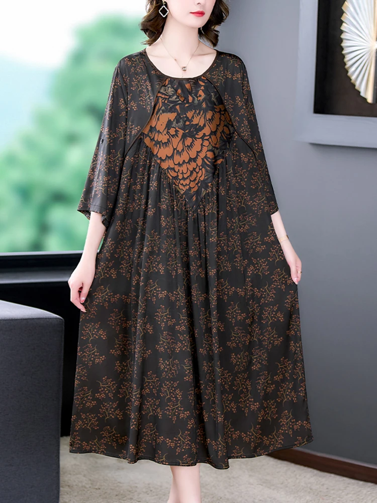 Women Fashion Patchwork Floral Silk Long Dress 2024 Korean Vintage Elegant Luxury Party Dress Summer Fashion Loose Waist Dresses