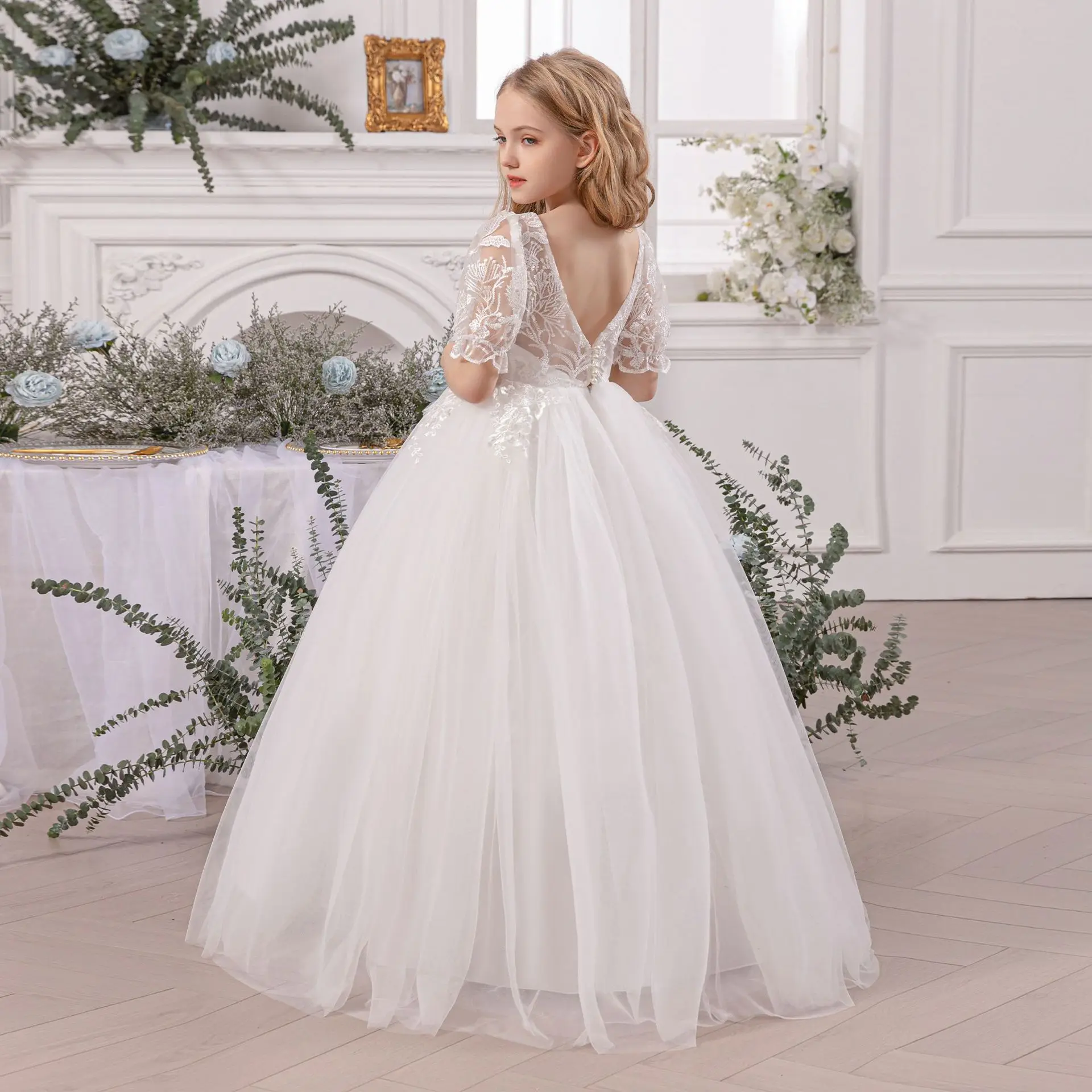 

Белое платье для девочек, кружевное длинное платье с цветочной вышивкой для подростков, свадебное платье подружки невесты, дня рождения, платье для первого причастия