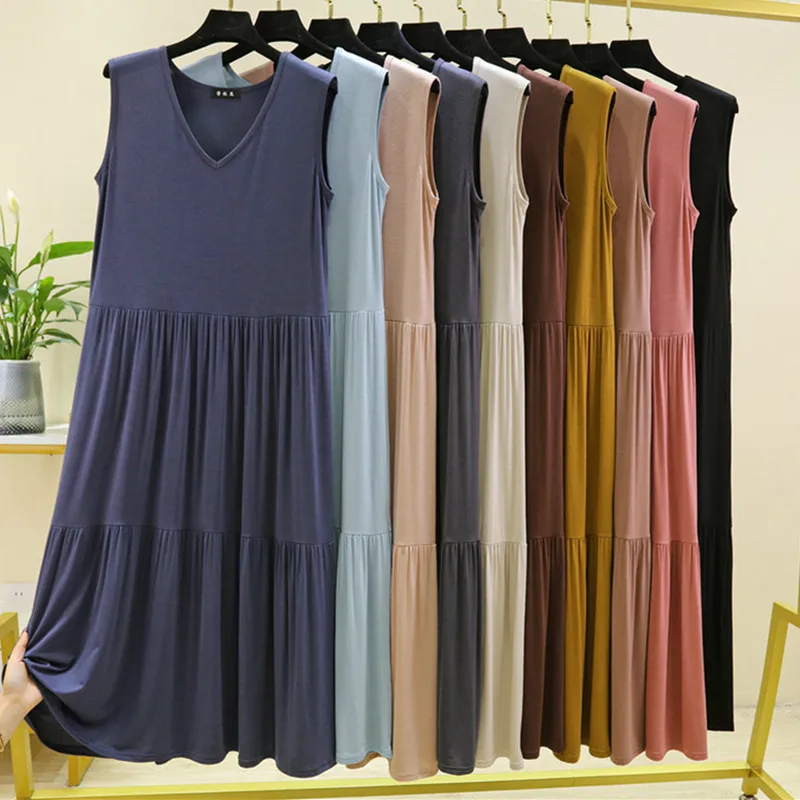 

V Neck Sleeveless Modal Nightdress Women Sleepwear Loose Medium Length Bottom Night Dress V-Neck Casual Ladies Nightshirt