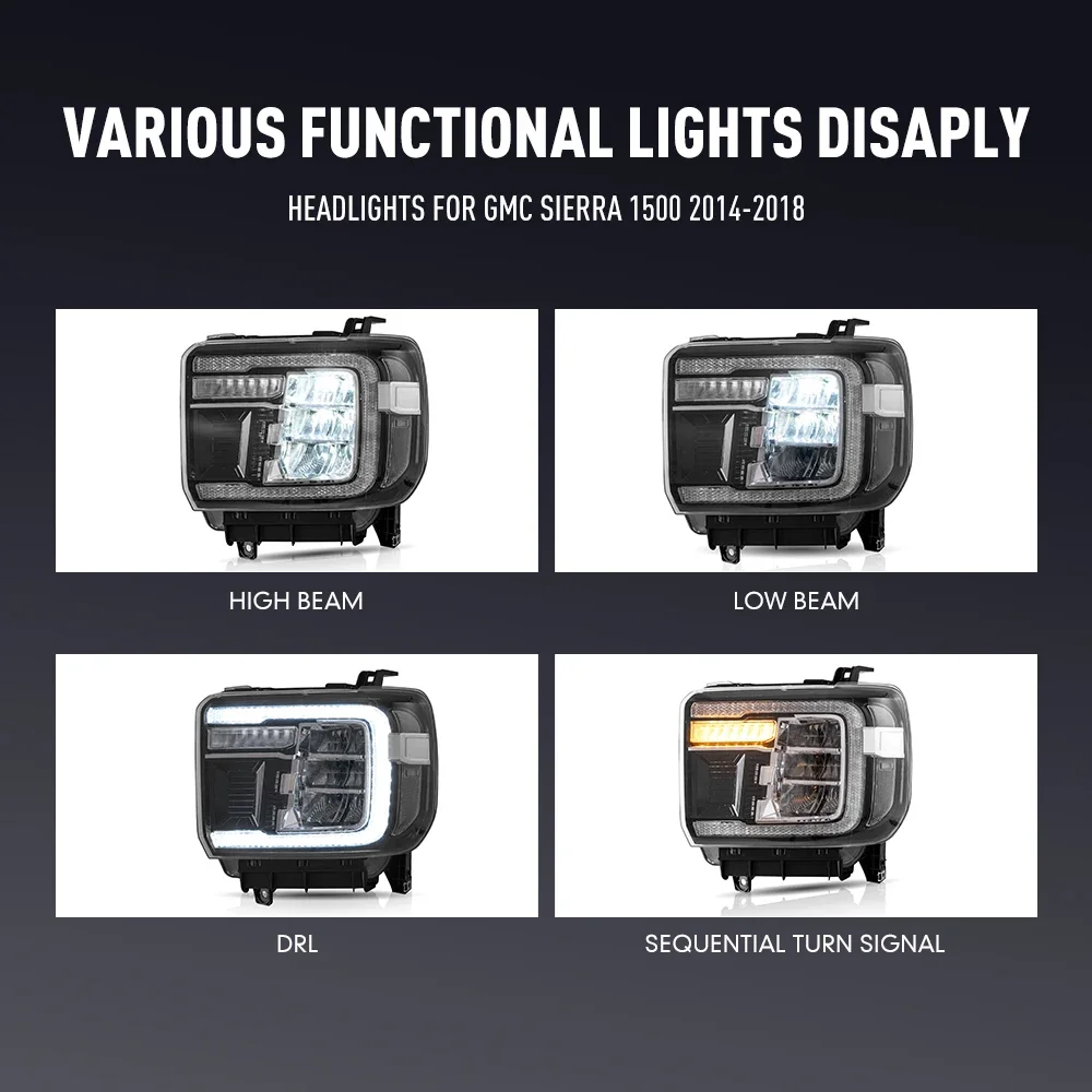 زوج من مجموعة مصابيح السيارة الأمامية LED لسيارة جي إم سي سييرا 1500 2014-2018 2500HD 3500HD 2015-19 مصباح أمامي للرأس مصابيح أمامية لإشارة الانعطاف #5