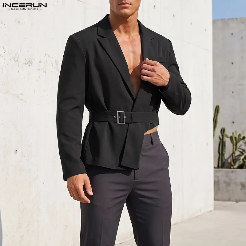 INCERUN Men's Blazer Solid Color Lapel Long Sleeve Streetwear Casual Irregular Blazer For Man With Belt 2026 Fashion Male Suits