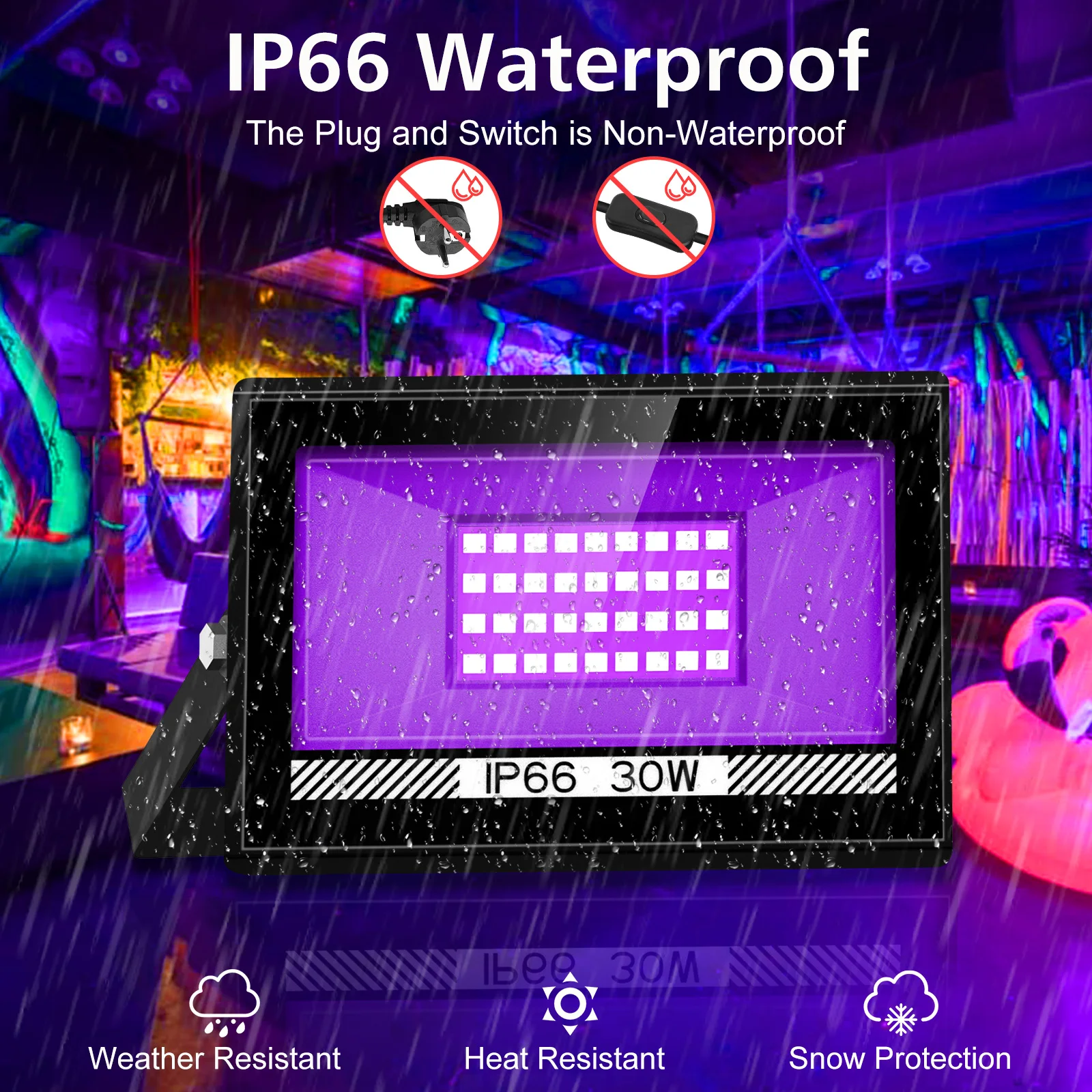 30W EU/UK/US Plug UV LED Flood Light Indoor Outdoor Floodlight 400-405nm Ultraviolet Fluorescent Stage Lamp Party Spotlight