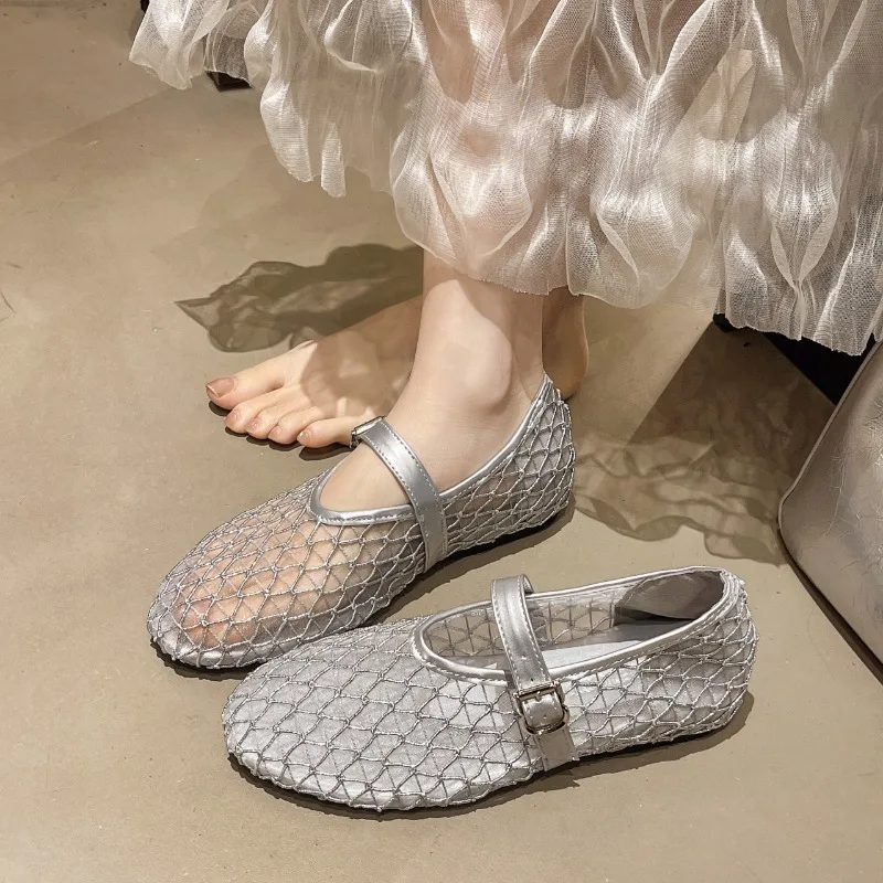 Women's Mesh Mary Jane Flats Ladies Summer Breathable Hollow Out Fishnet Ballet Shoes Buckle Strap Lightweight Casual Sandals