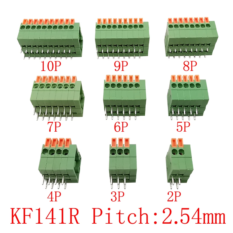 10Pcs KF141R 2.54mm Pitch 2/3/4/5/6/7/8/9/10 Pin Spring Push-in Screwless PCB Mount Terminal Block Connector Right Angle