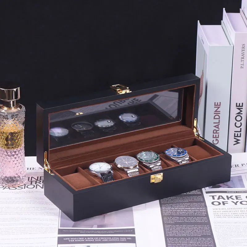 1PC Black Matte Spray Paint Inside Coffee Color 6-Digit Wooden Watch Storage Box Multi-Position Window Box