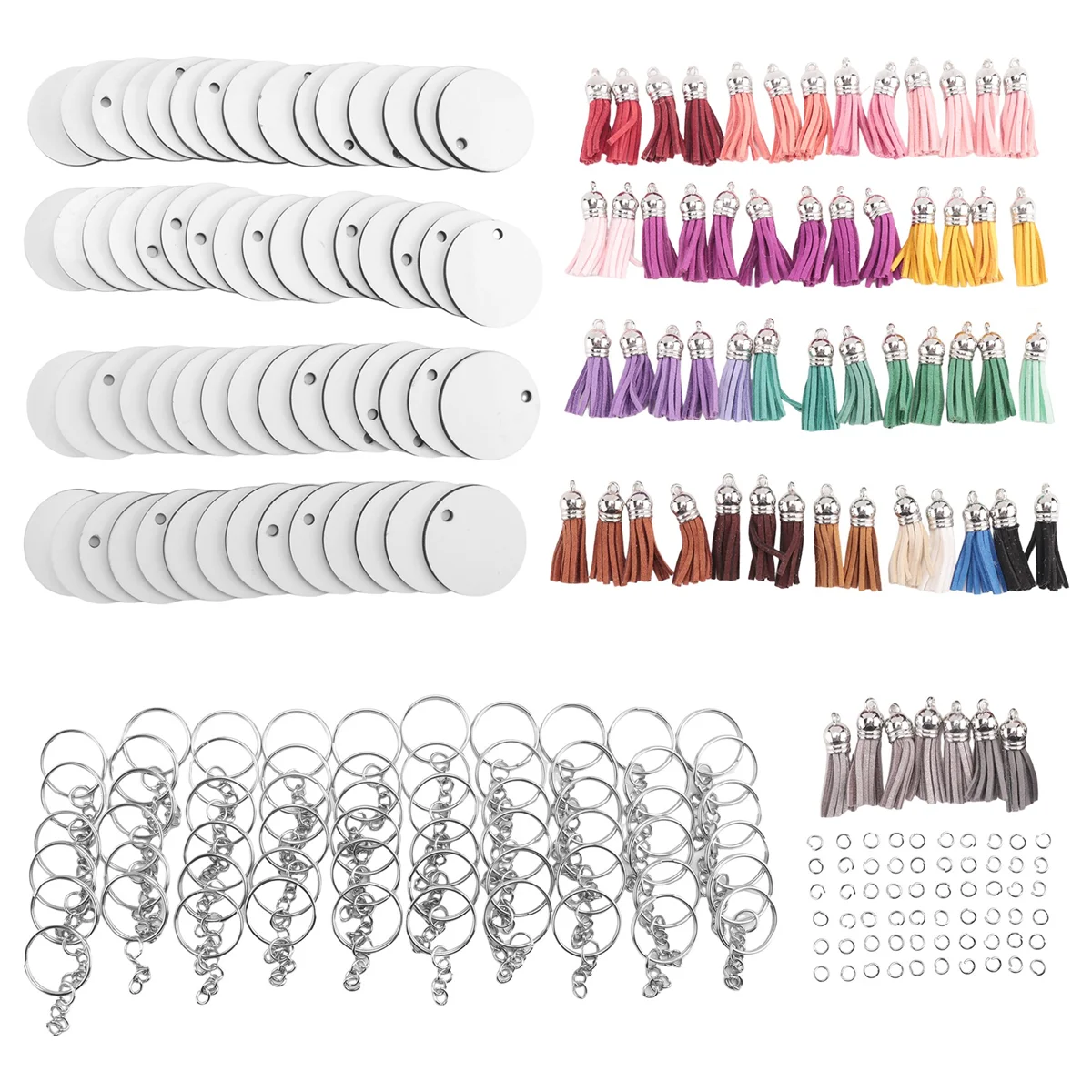 AA05 240 Pieces Sublimation Blanks Keychain Set Round Key Rings Sublimation Ornament Blanks Heat Transfer Keychain Tassels