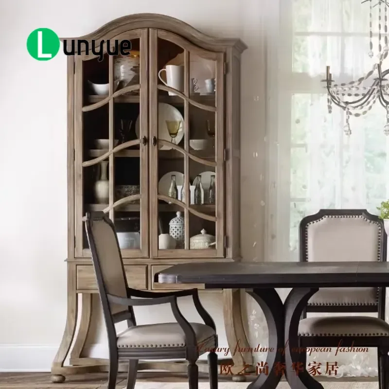 American Solid Wood Wine Cabinet Arched Glass Door Retro Double Door Display Sideboard for Dining Room Customizable Storage