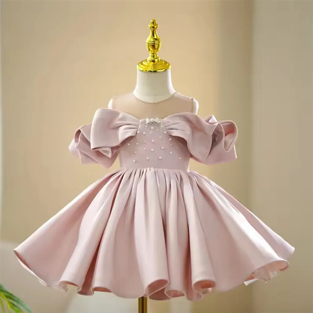 

Элегантное платье для девочек с цветочным узором, розовое атласное с жемчугом и бантом, для первого причастия, дня рождения, вечеринки, конкурса красоты