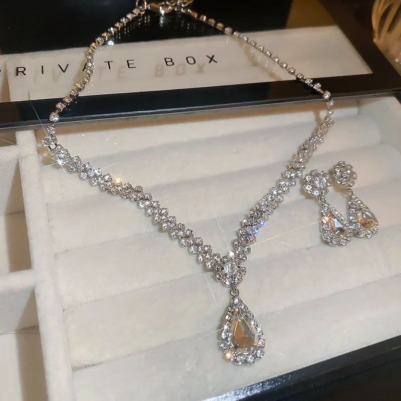 Sparkling Rhinestone Necklace Drop Earrings For Women Geometric Water Droplet Pendant Necklaces Wedding Bride Jewelry Sets image 5
