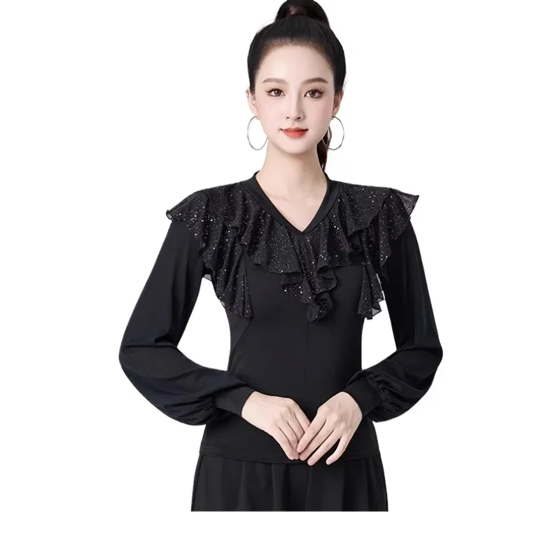 Latin Dance Wear Top Damen Frühling und Sommer Neue Kurzarm Mesh Rüschen Blatt Rand Moderne Samba Square Ballroom Dance Kostüm
