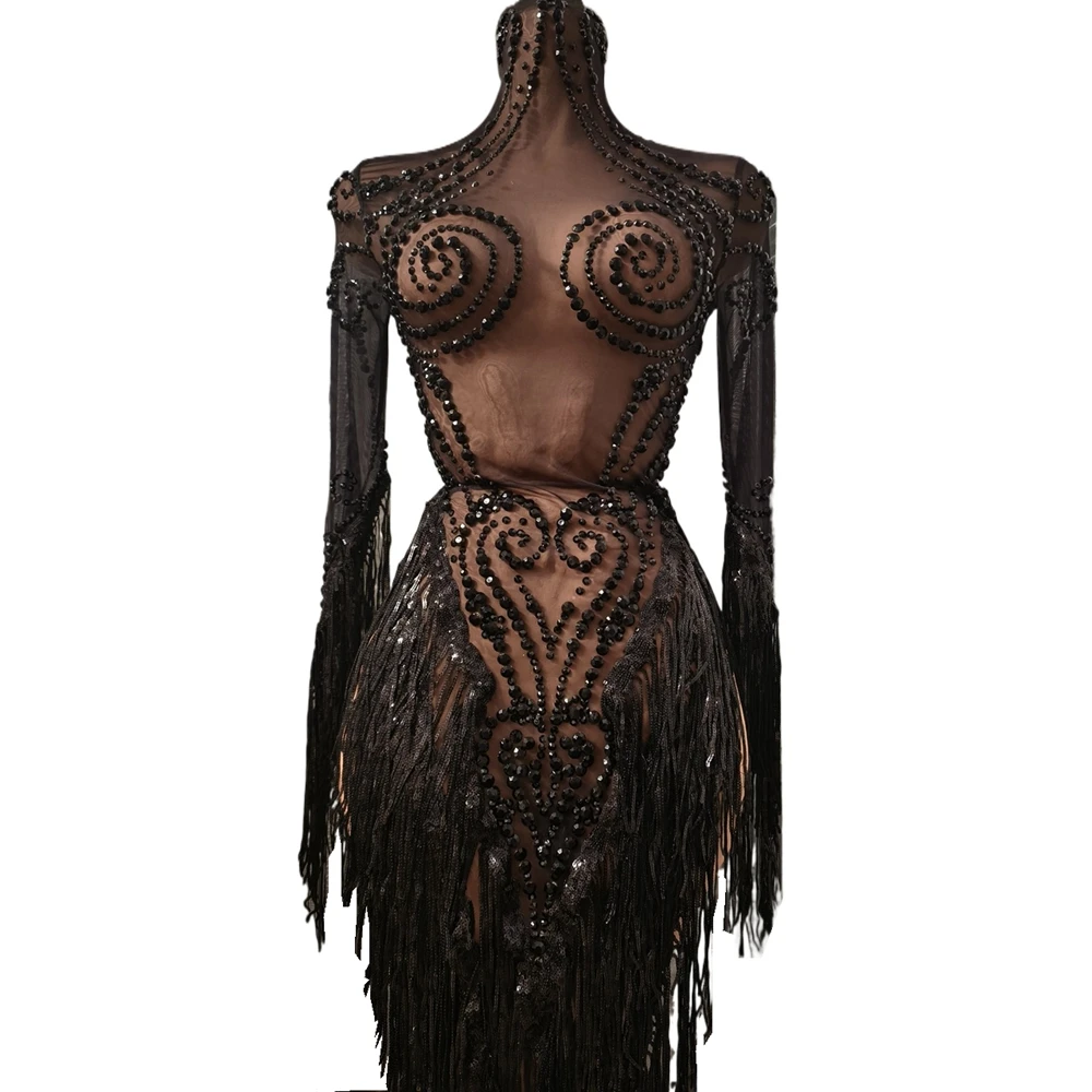 Sparkly Strass Quasten Geburtstag Feiern Abendkleid Frauen Sexy Mesh Transparent Leistung Tanz Kostüm Bühne Tragen