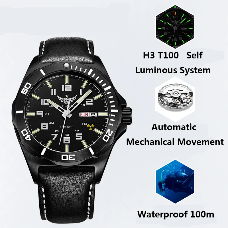 YELANG 2024 Men H3 T100 Self Luminous Automatic Mechanical Movement 24 Jewels Sapphire Rotated Dial Diver Waterproof 100m  V1019