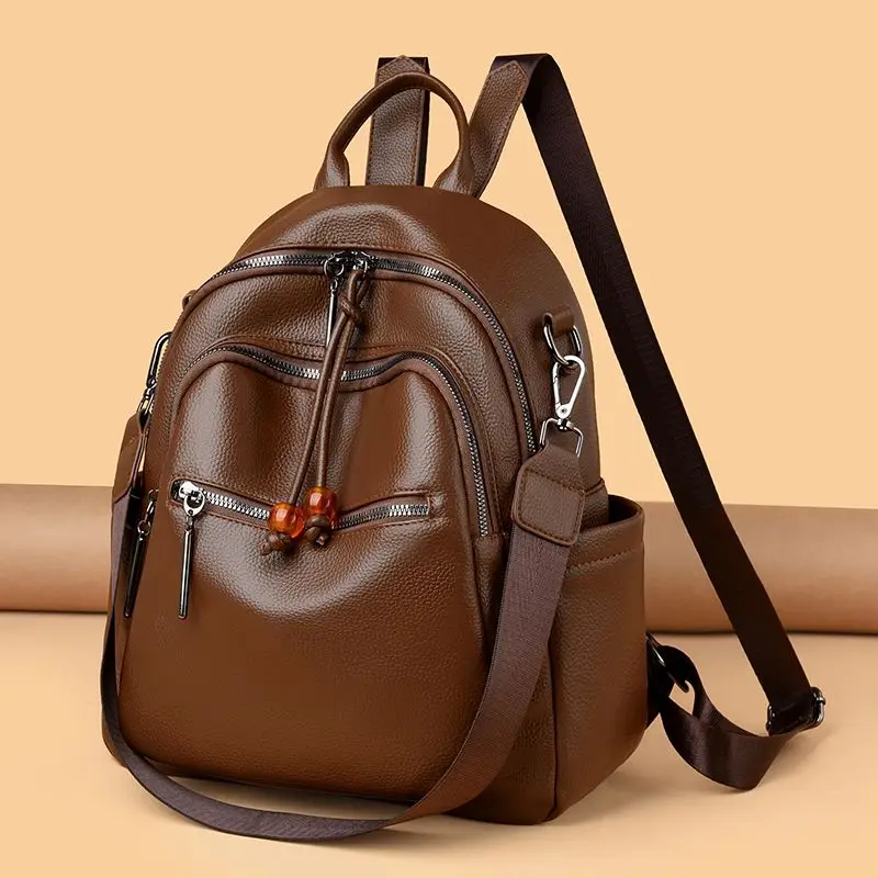 Retro Solid Color Backpack Women Leather Pebble Texture Large Capacity Daypack Ladies Fashion Daily  Commute Mochilas Mujer 2025