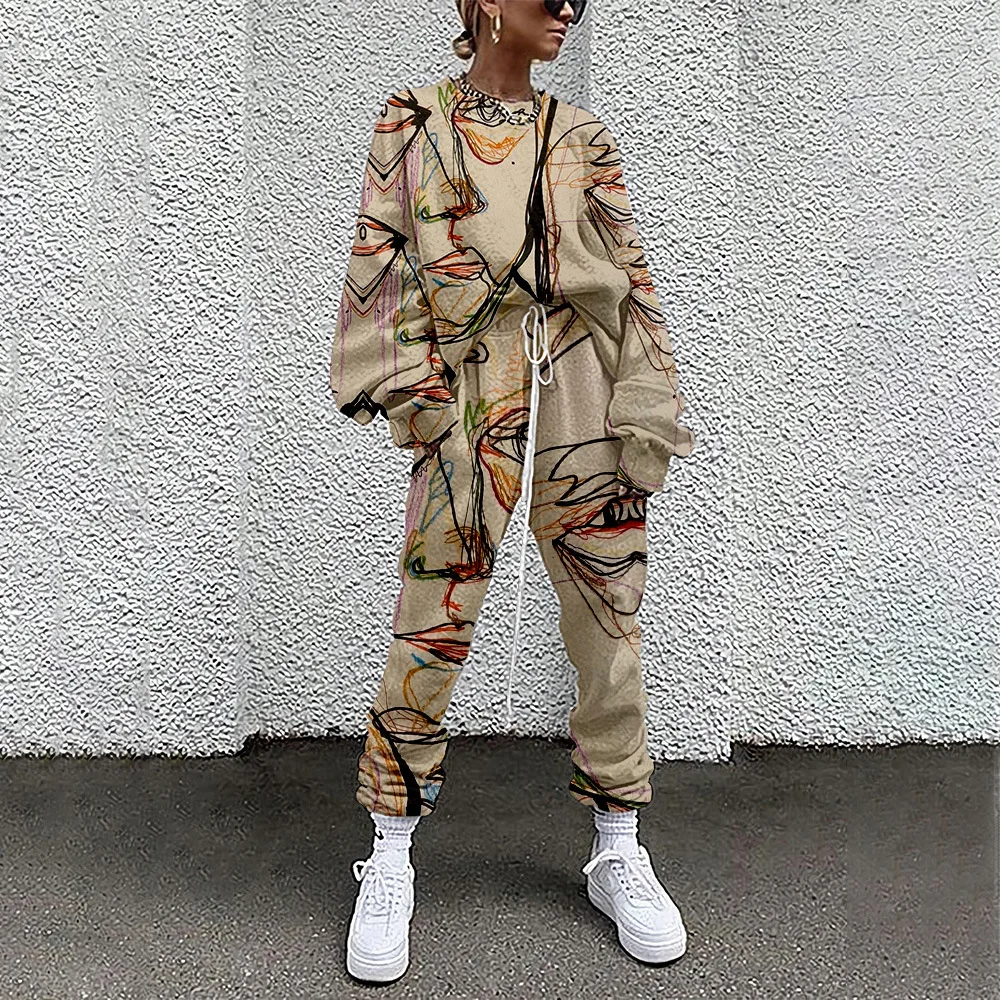 Two Piece Set Women 3D Print Streetwear Tracksuit Spring Autumn Casual Long Sleeve Pullover Sport Pants